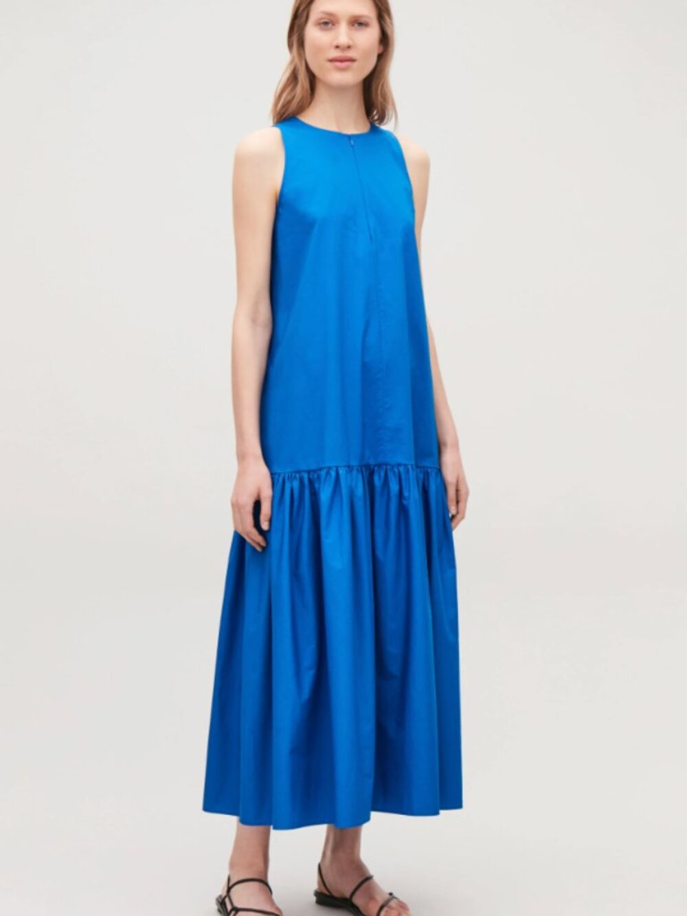 COS Gathered A-Line Maxi Dress Cotton Blend Blue 12